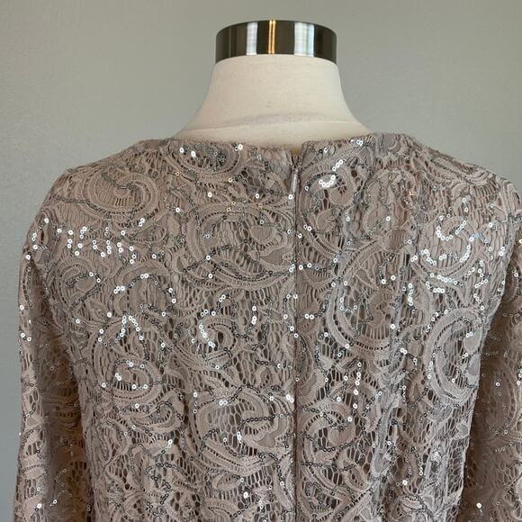 Alex Evenings Sequined Lace Cocktail Dress Size 24W Taupe Belted Fit and Flare - Picture 5 of 11